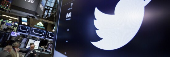 Twitter's logo, a bird, appears on a screen on the floor of the New York Stock Exchange in New York City.