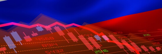 Russian Flag and Economic Downturn With Stock Exchange Market Indicators in Red