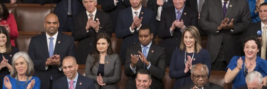 Members of the new House Democratic leadership, front row from left, Rep. Katherine Clark, D-Mass., the vice chair of the Democratic Caucus, Democratic Caucus Chair Hakeem Jeffries, D-N.Y., Assistant Democratic Leader Ben Ray Lujan, D-N.M., House Majority Whip James Clyburn, D-S.C., and House Majority Leader Steny Hoyer, D-Md., join others in their caucus in applauding Speaker of the House Nancy Pelosi, D-Calif., on the opening day of the 116th Congress.