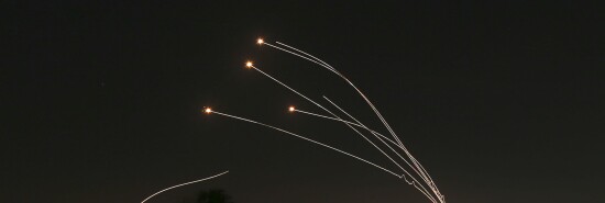 Israeli air defense system Iron Dome takes out rockets fired from Gaza near Sderot, Israel.