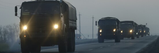 A convoy of Russian military vehicles moving towards border in Donbas region