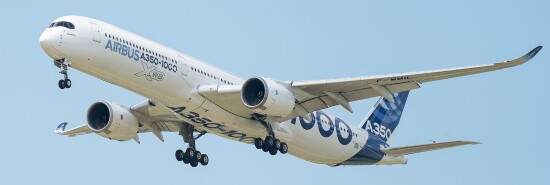 aAn Airbus SE A350-1000 XWB passenger aircraft performs a display flight during the 53rd International Paris Air Show at Le Bourget in Paris, France.