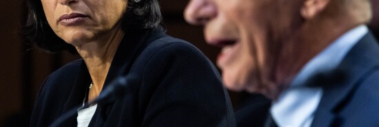 Rochelle Walensky, director of the Centers for Disease Control and Prevention, looks at Dr. Anthony Fauci, director of the National Institute of Allergy and Infectious Diseases, as he testifies during the Senate Health, Education, Labor, and Pensions Committee hearing titled "Stopping the Spread of Monkeypox," Wednesday, Sept. 14, 2022. 