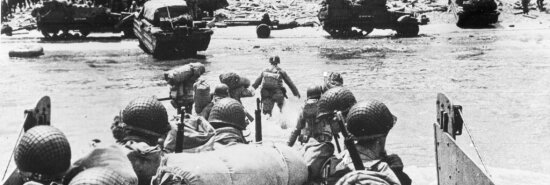 American soldiers and supplies arrive on the shore of the French coast of German-occupied Normandy during the Allied D-Day invasion on June 6, 1944, in World War II.