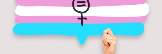 Transgender sex equality concept. Female hand holding speech bubble with transgender flag and symbol