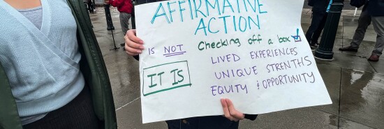 Affirmative action advocates rally outside the U.S. Supreme Court as justices heard oral arguments on two cases on whether colleges and universities can continue to consider race as a factor in admissions decisions Oct. 31, 2022.