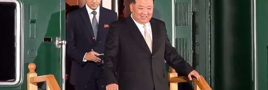 In this Tuesday photo released by the governor of the Russian far eastern region of Primorsky Krai, Oleg Kozhemyako, on his Telegram channel, North Korean leader Kim Jong Un steps down from his train after crossing the border to Russia at Khasan, about 127 km (79 miles) south of Vladivostok.