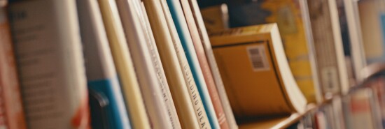 Library, research and row of books on bookshelf for reading, knowledge and educational learning. University bookstore, information and zoom of shelves with textbook, academic journal or literature