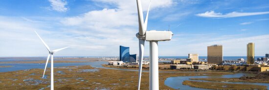 Wind turbines spin to generate electrical power in Atlantic City, New Jersey, on Feb. 17, 2021.