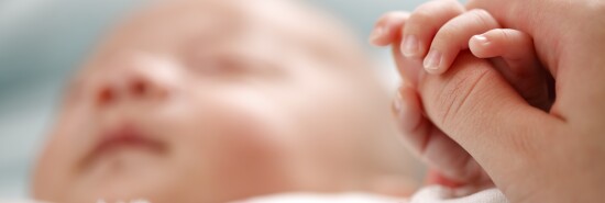 Newborn baby holds hand