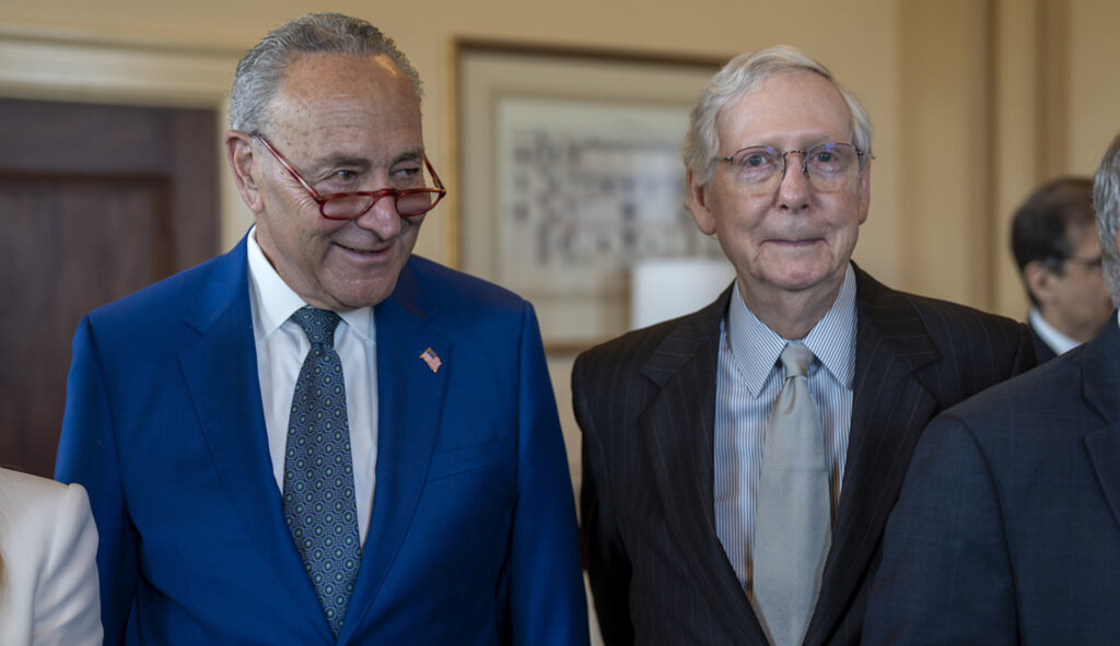 Senate Majority Leader Chuck Schumer (D-NY) and Senate Minority Leader Mitch McConnell (R-KY) during a meeting at the Capitol in Washington, Thursday, July 27, 2023. (AP Photo/J. Scott Applewhite)